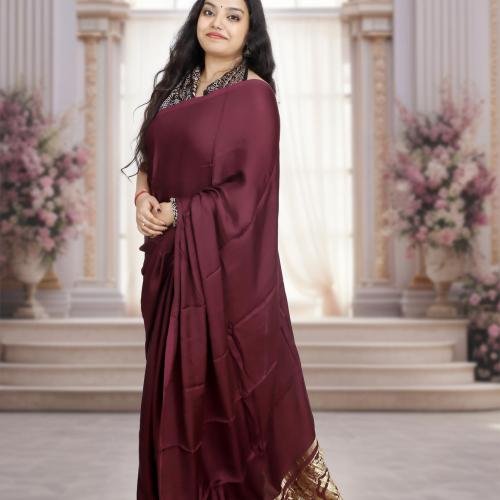 Plain Modal Silk Saree (Brown) With Nakshi Pallu And Ajrakh Blouse
