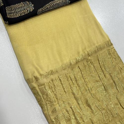 Plain Modal Silk Saree (Yellow) With Nakshi Pallu And Ajrakh Blouse