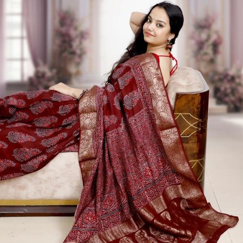 AJRAKH DOLA SILK SAREE (WINE) WITH NAKSHI ZARI PALLU