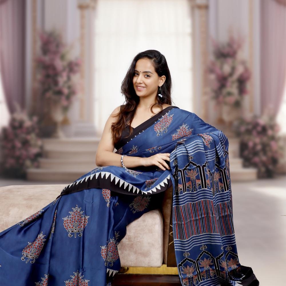 Ajrakh Modal Silk Saree (Blue) with Hand Made Tassels