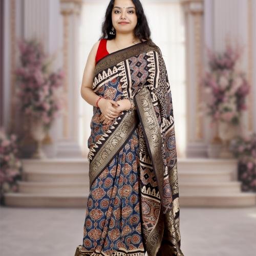 AJRAKH DOLA SILK SAREE (BLUE-BLACK) WITH NAKSHI ZARI PALLU