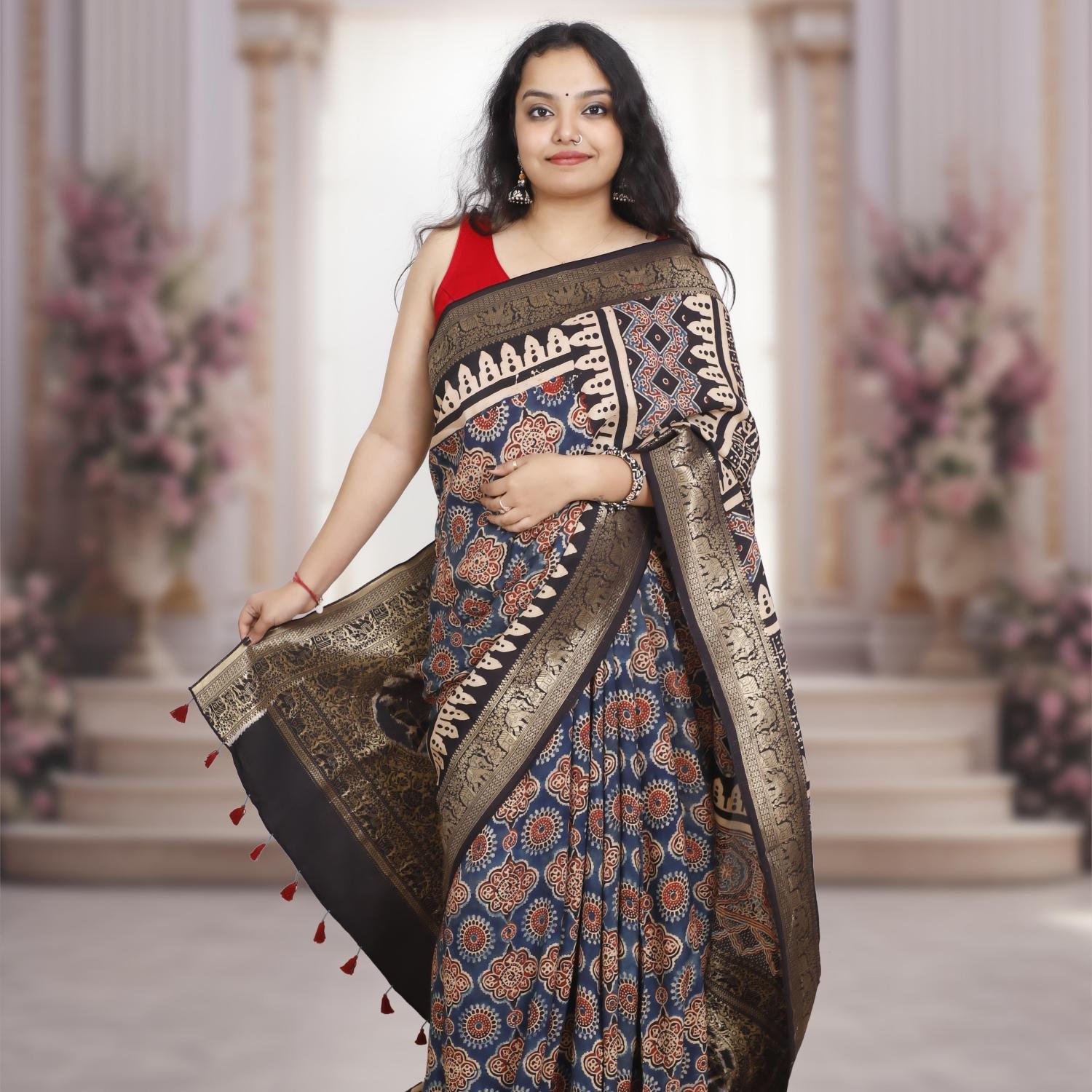 AJRAKH DOLA SILK SAREE (BLUE-BLACK) WITH NAKSHI ZARI PALLU