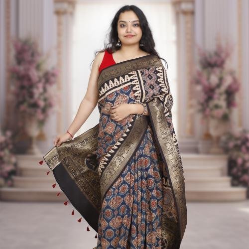 AJRAKH DOLA SILK SAREE (BLUE-BLACK) WITH NAKSHI ZARI PALLU