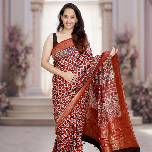 AJRAKH DOLA SILK SAREE (RED) WITH NAKSHI ZARI PALLU