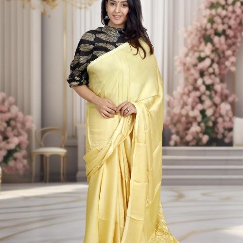Plain Modal Silk Saree (Yellow) With Nakshi Pallu And Ajrakh Blouse