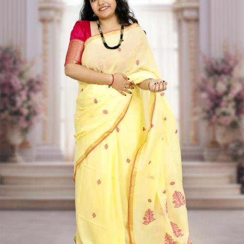 Handwoven Pure Bengal Cotton Saree with Jacquard Pallu – Lemon Yellow