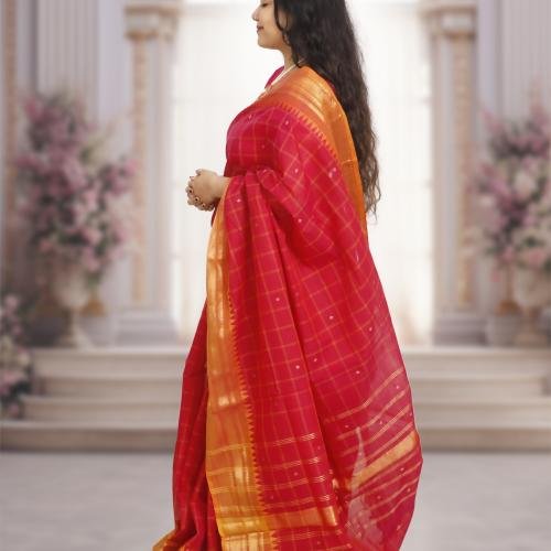 Pure Kanchi Cotton Saree – Red Body with Square Checks, Orange Border & Gold Zari