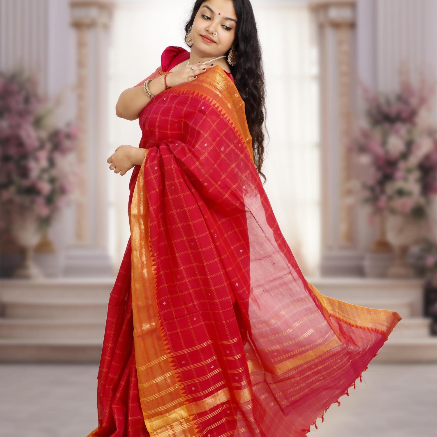Pure Kanchi Cotton Saree – Red Body with Square Checks, Orange Border & Gold Zari