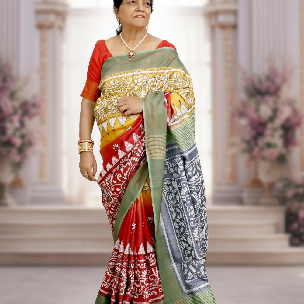 Pure Tussar Silk Saree Dyed Multicolour with Kantha Stitch