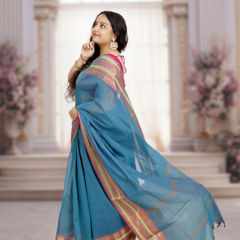 Pure Kanchi Cotton Saree – Blue Base with Pink & Green Border and Gold Zari