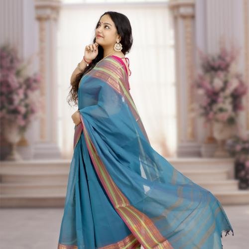 Pure Kanchi Cotton Saree – Blue Base with Pink & Green Border and Gold Zari