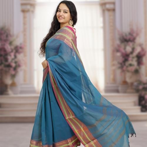 Pure Kanchi Cotton Saree – Blue Base with Pink & Green Border and Gold Zari