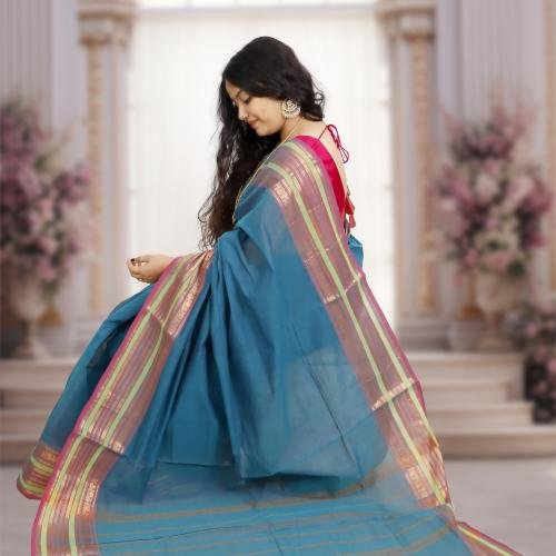 Pure Kanchi Cotton Saree – Blue Base with Pink & Green Border and Gold Zari