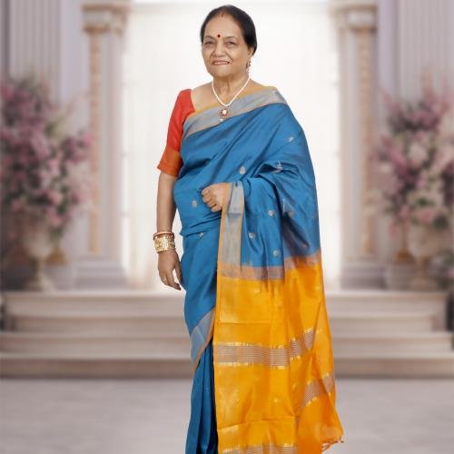 Kanchi Silk Cotton Saree – Blue Body with Orange Pallu & Golden Zari Border