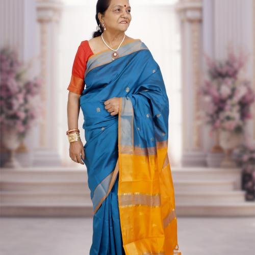 Kanchi Silk Cotton Saree – Blue Body with Orange Pallu & Golden Zari Border