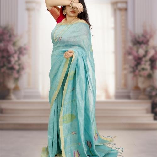 Silk Linen Jamdani Saree with Gold Zari Border – Teal Blue
