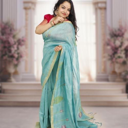 Silk Linen Jamdani Saree with Gold Zari Border – Teal Blue