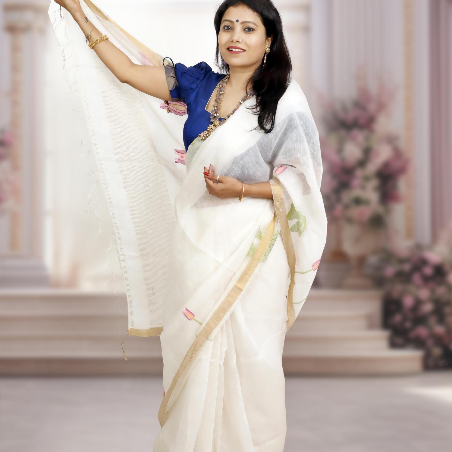 Silk Linen Jamdani Saree with Gold Zari Border – White