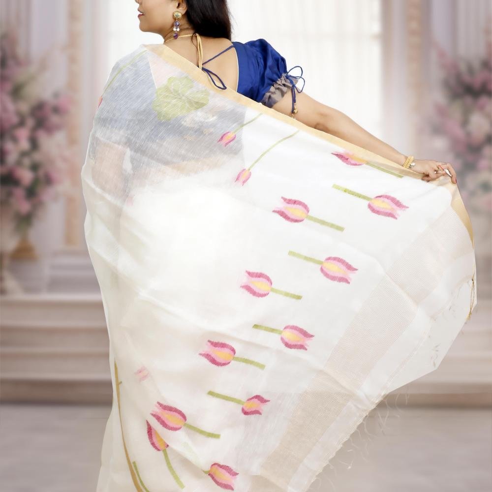 Silk Linen Jamdani Saree with Gold Zari Border – White