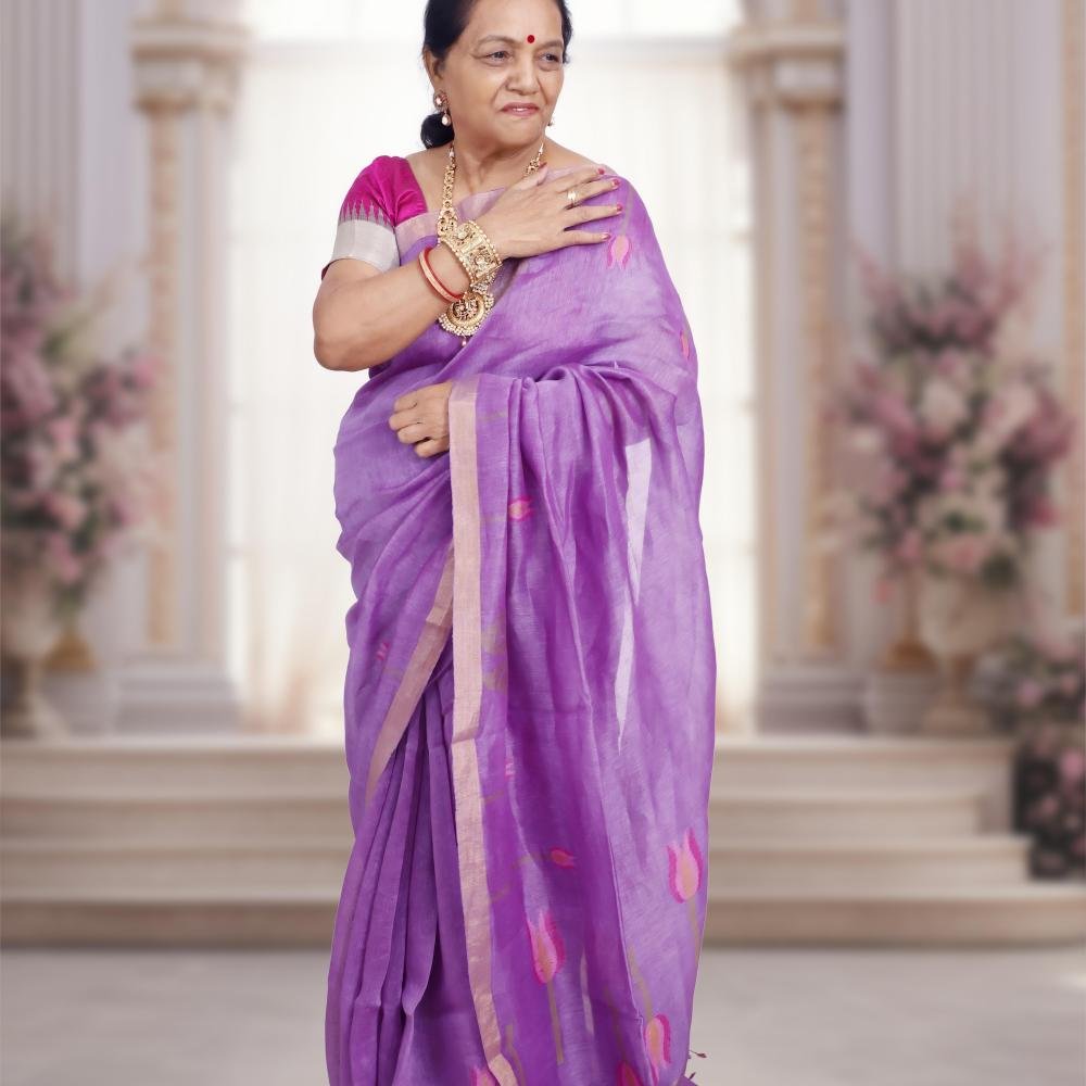 Silk Linen Jamdani Saree with Gold Zari Border – Mauve