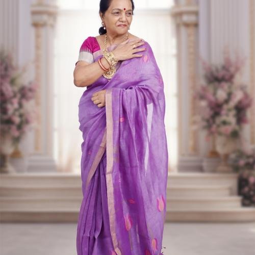 Silk Linen Jamdani Saree with Gold Zari Border – Mauve