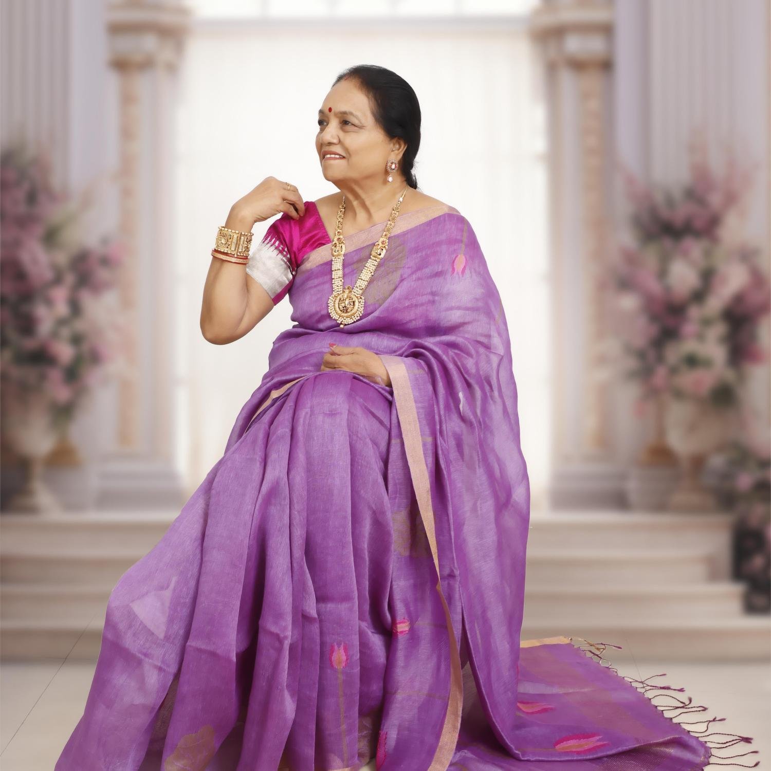 Silk Linen Jamdani Saree with Gold Zari Border – Mauve