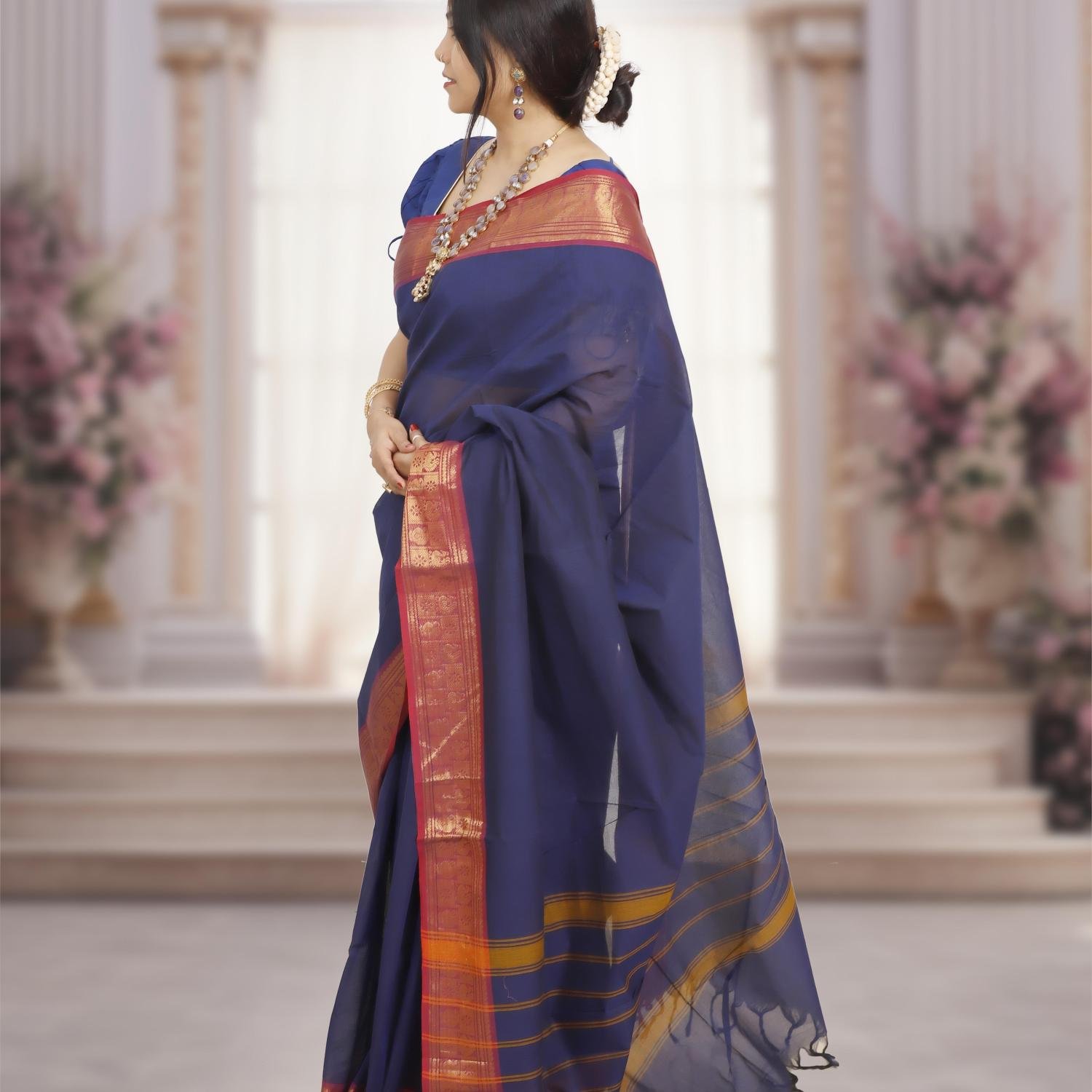 Pure Kanchi Cotton Saree – Dark Blue Body With Maroon & Golden Zari Border