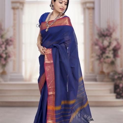 Pure Kanchi Cotton Saree – Dark Blue Body With Maroon & Golden Zari Border