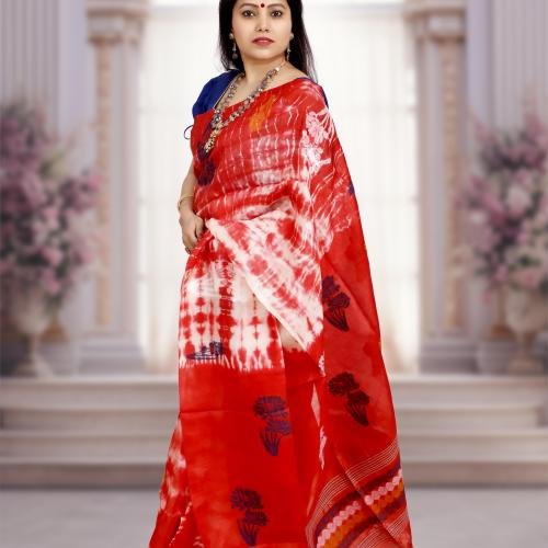 Handwoven Tusser Shrivori Jamdani Saree – Red & White