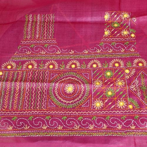 Pure Tusser Silk Lambani Stitch Saree – Blue & Pink