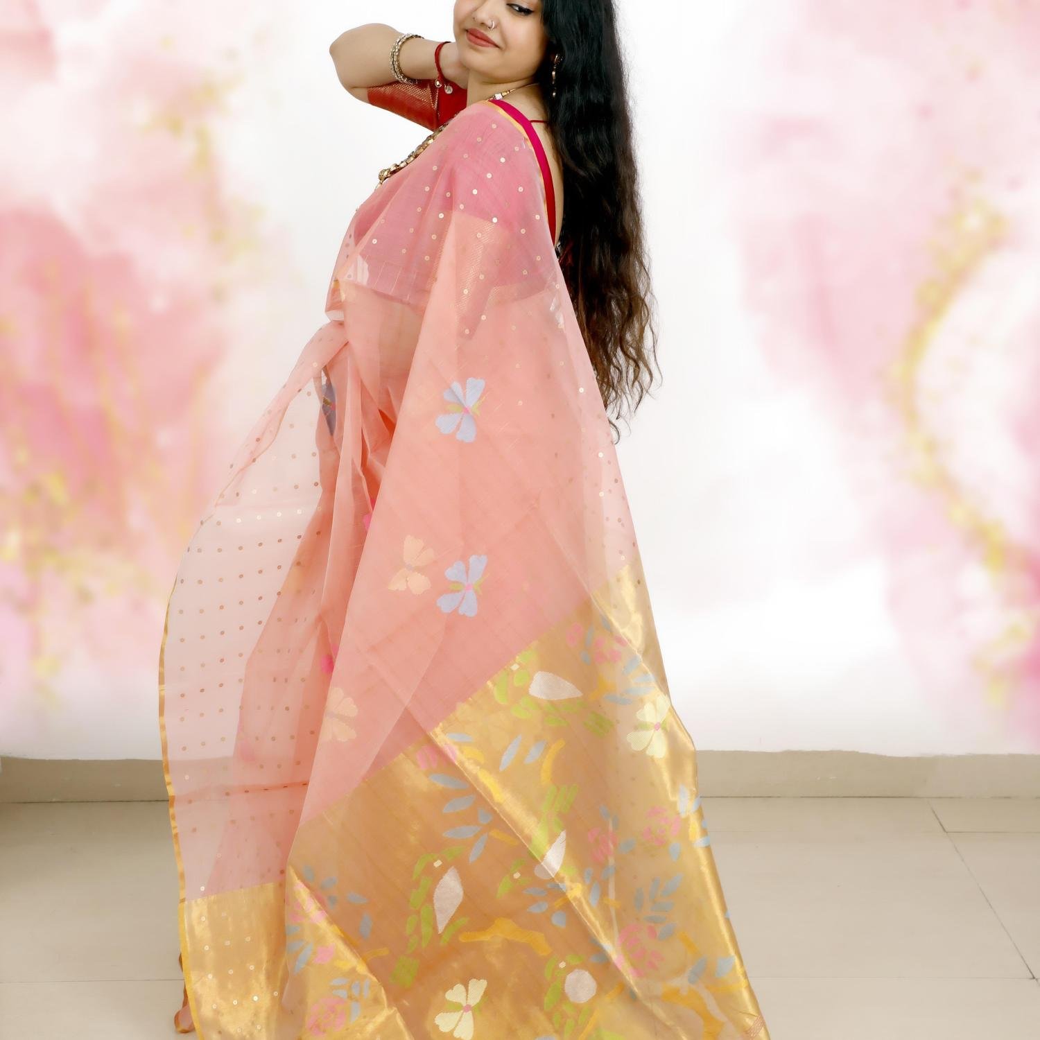 Pure Muslin Paithani Jamdani Saree with Sequins – Peach Pink
