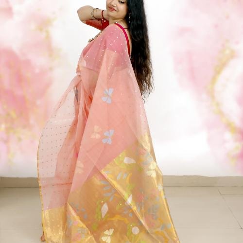Pure Muslin Paithani Jamdani Saree with Sequins – Peach Pink