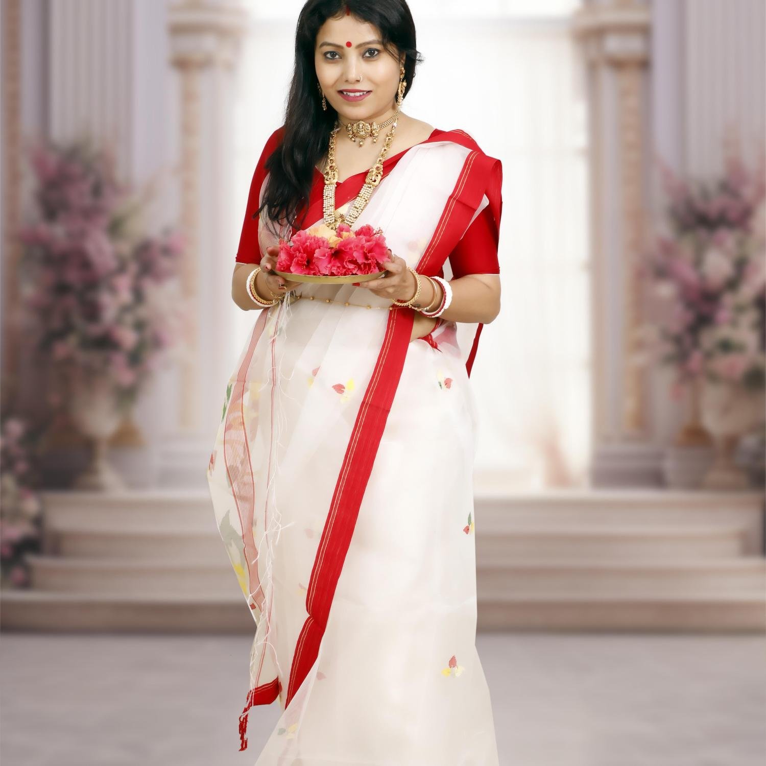 White Muslin Silk Handwoven Dhakai Jamdani Saree with Red Border
