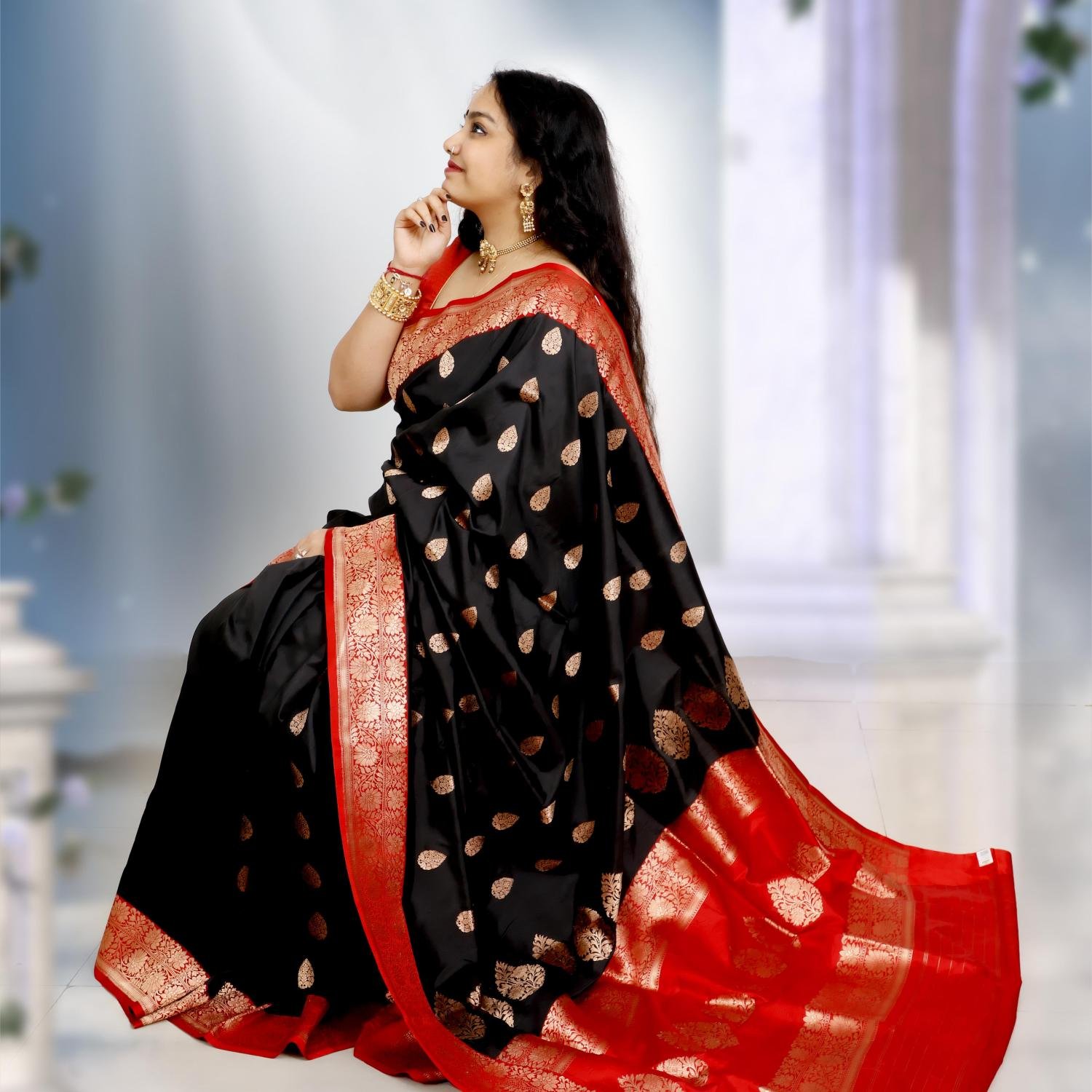 Banarasi Handloom Pure Katan Silk Saree with Kaduwa Zari Buti – Black & Red