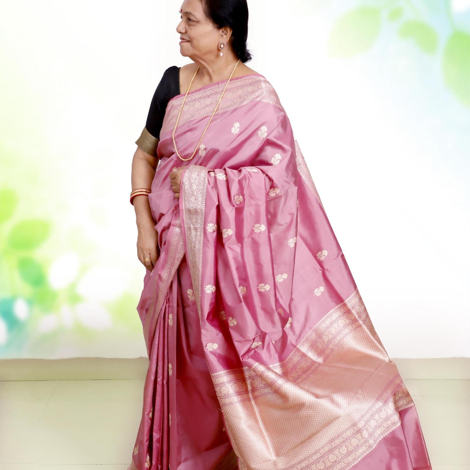Pure Katan Silk Banarasi Handloom Saree with Kadhua Work – Onion Pink