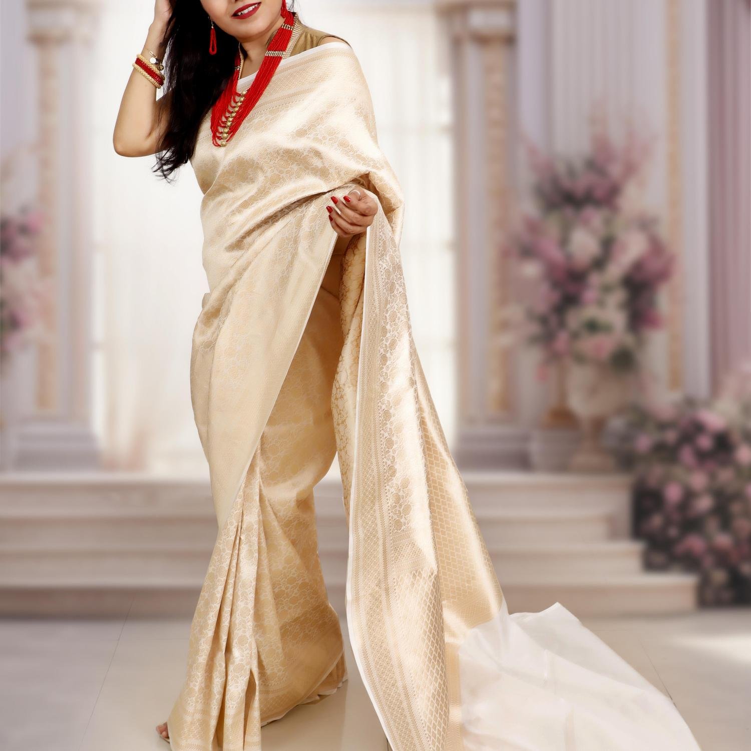 Pure Katan Silk Banarasi Brocade Handloom Saree – White & Gold
