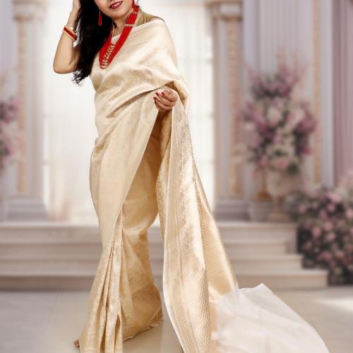 Pure Katan Silk Banarasi Brocade Handloom Saree – White & Gold
