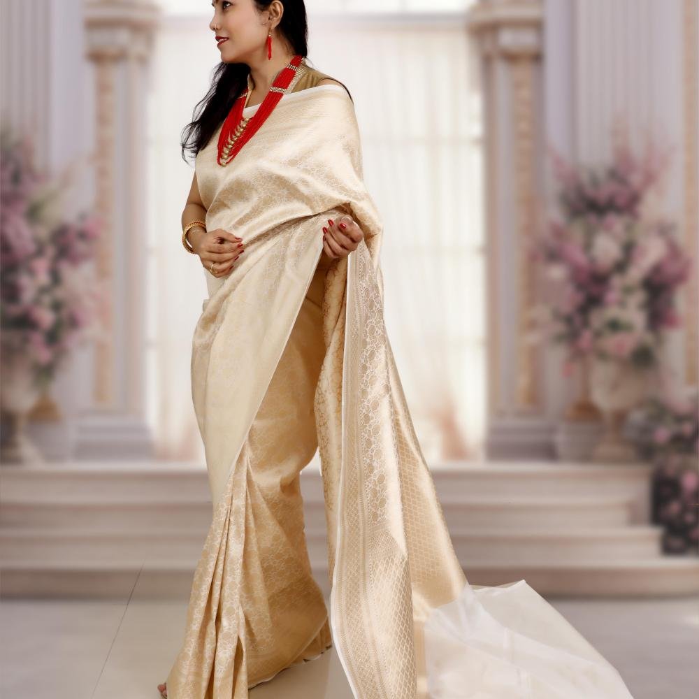 Pure Katan Silk Banarasi Brocade Handloom Saree – White & Gold