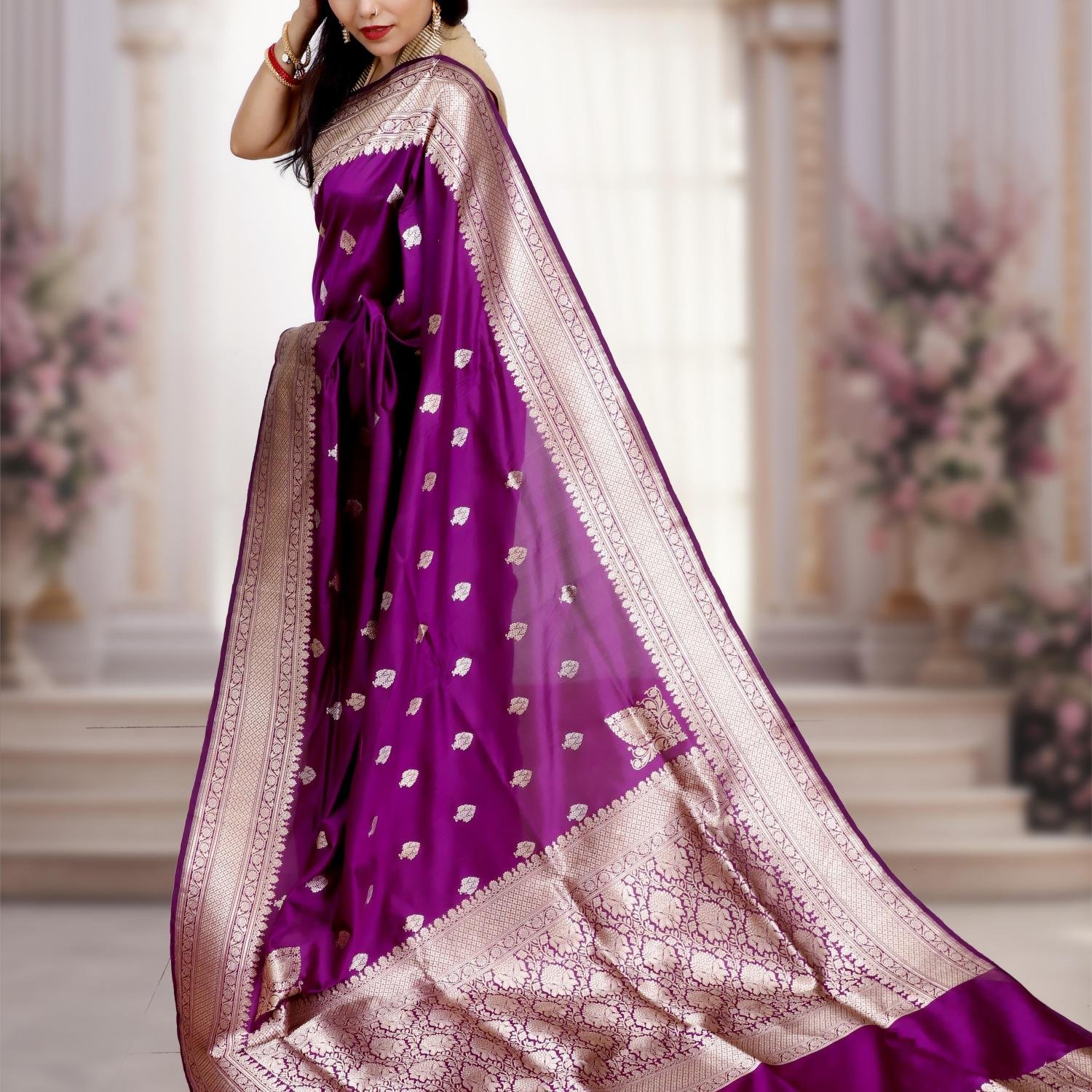 Deep Purple Katan Mulberry Silk Saree with Gold & Silver Kadwa Weaving
