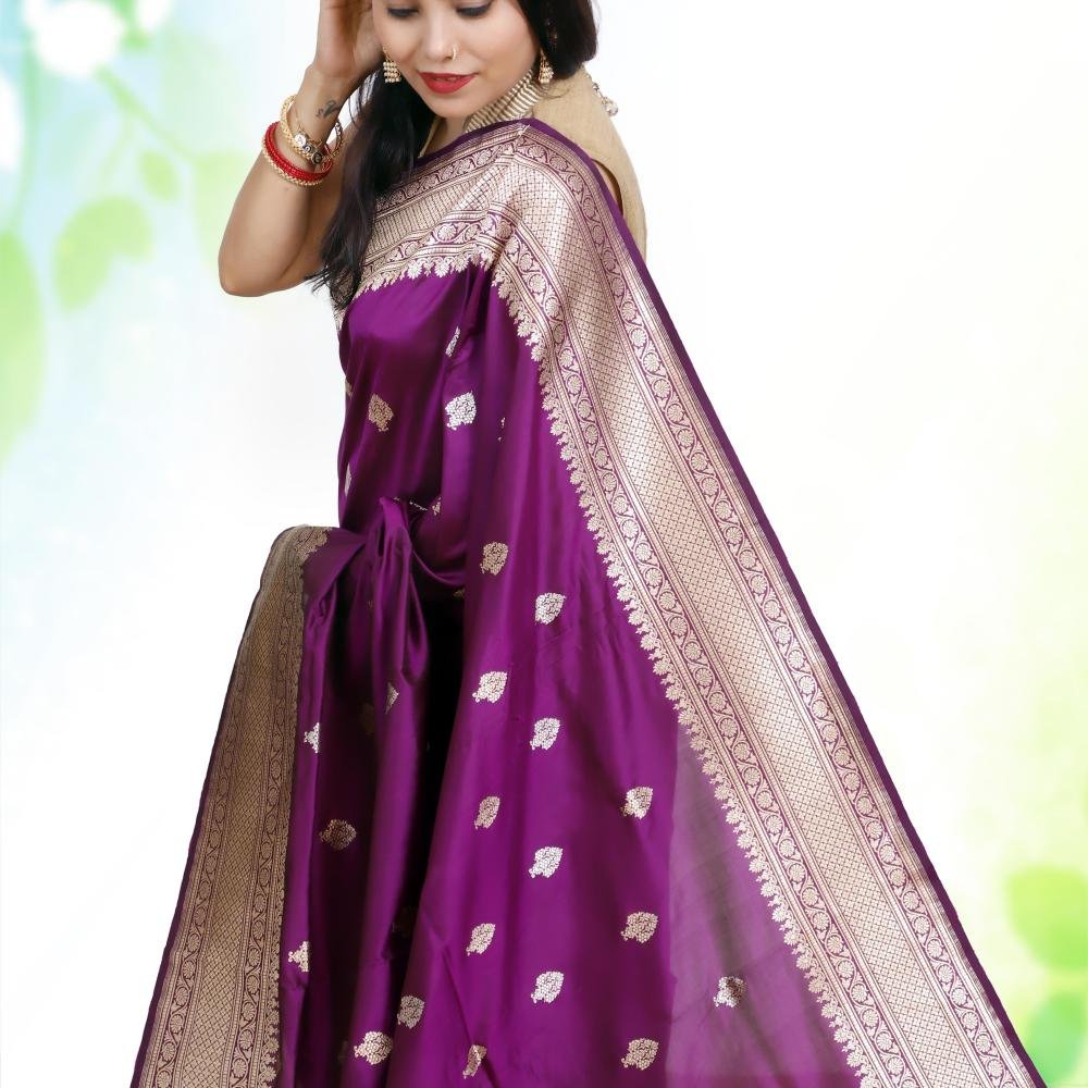 Deep Purple Katan Mulberry Silk Saree with Gold & Silver Kadwa Weaving