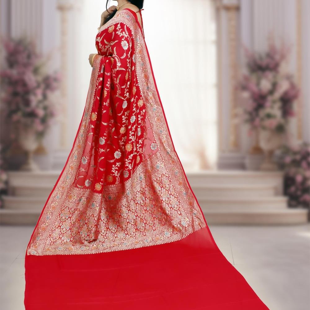 Red Pure Khaddi Meenakari Jaal Banarasi Saree