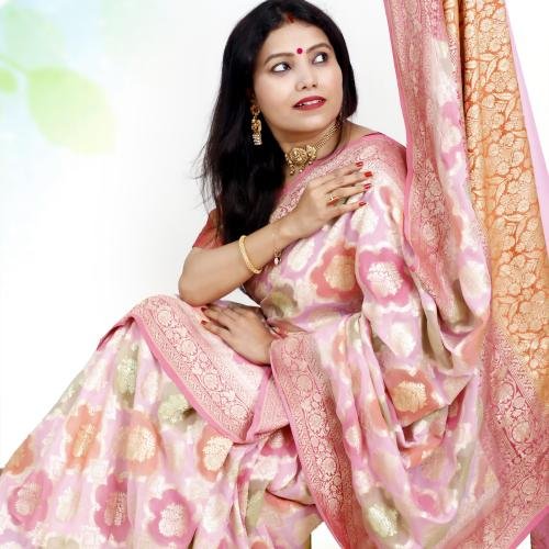 Rangkat Pure Khaddi Georgette Banarasi Handloom Saree – Pink Base