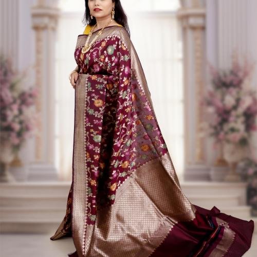 Pure Katan Silk Banarasi Jamdani Saree – Handwoven with Floral Motifs