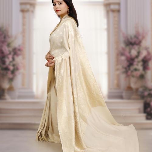 Pure Khaddi Moonga Banarasi Handloom Saree – Ivory (Dyeable)