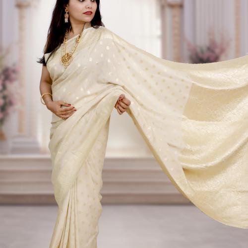 Pure Khaddi Moonga Banarasi Handloom Saree – Ivory (Dyeable)