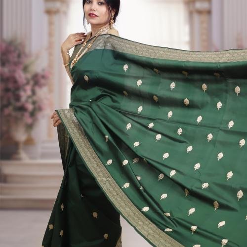 Pure Katan Silk Banarasi Handloom Saree with Kadhua Work – Bottle Green