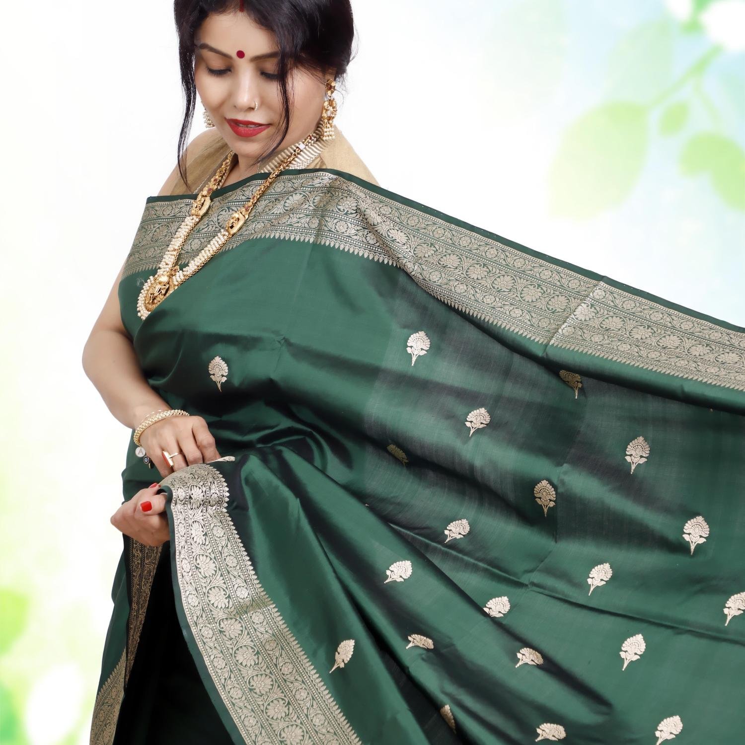 Pure Katan Silk Banarasi Handloom Saree with Kadhua Work – Bottle Green