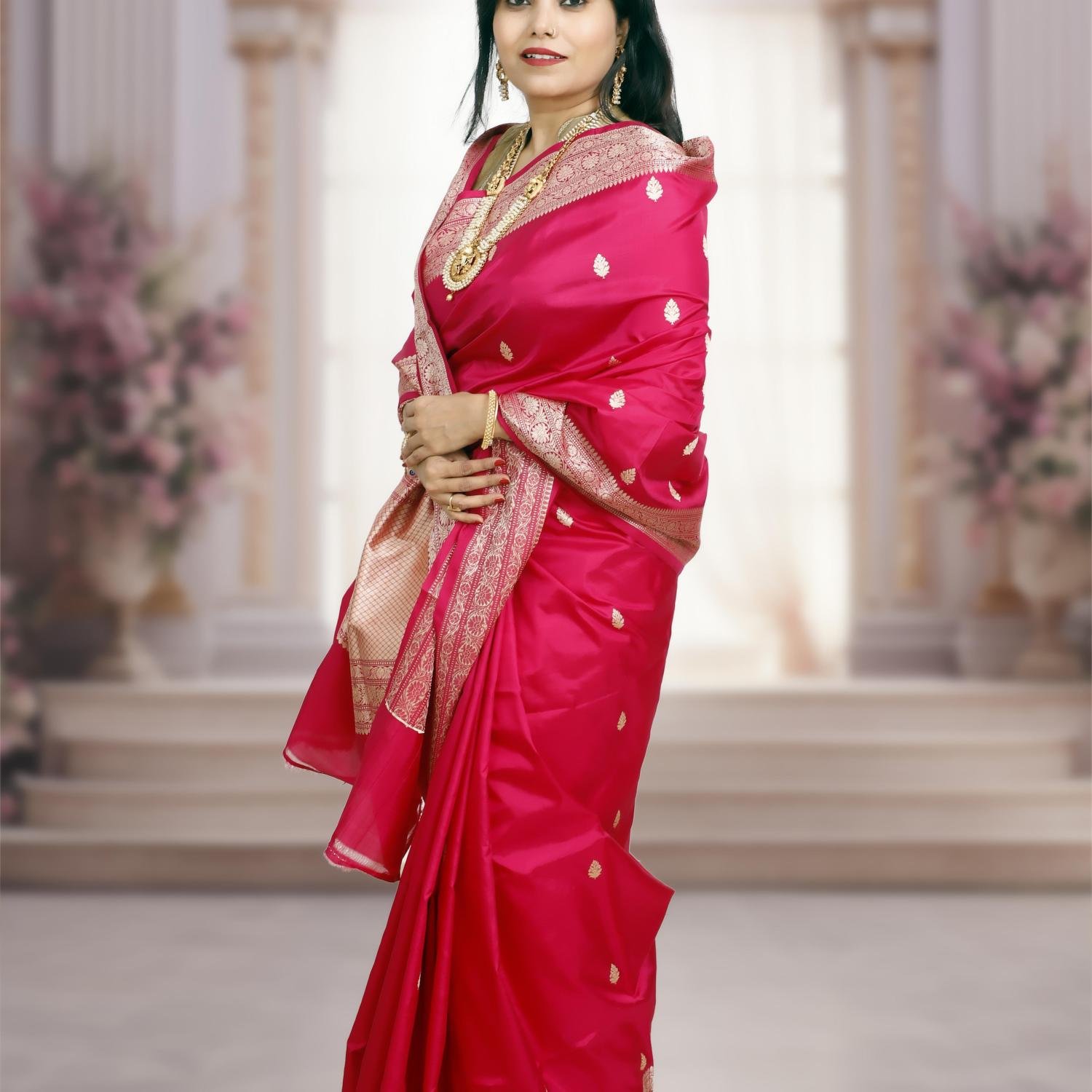 Pure Katan Silk Banarasi Handloom Saree with Kadhua Work – Magenta