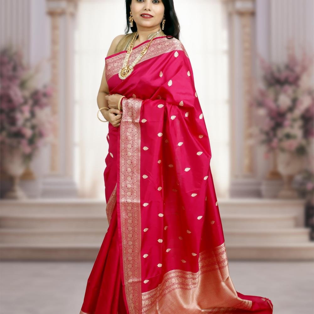 Pure Katan Silk Banarasi Handloom Saree with Kadhua Work – Magenta