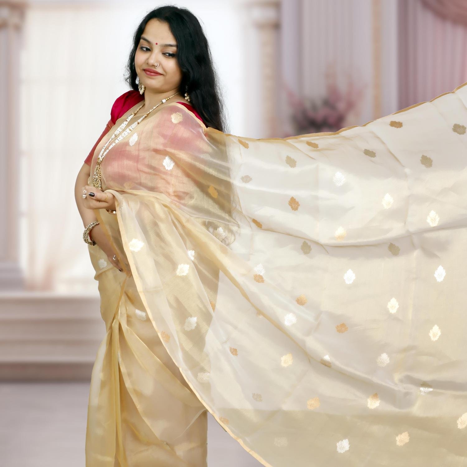 Handwoven Gold Banarasi Kora Tissue Saree with Kadwa Weaving